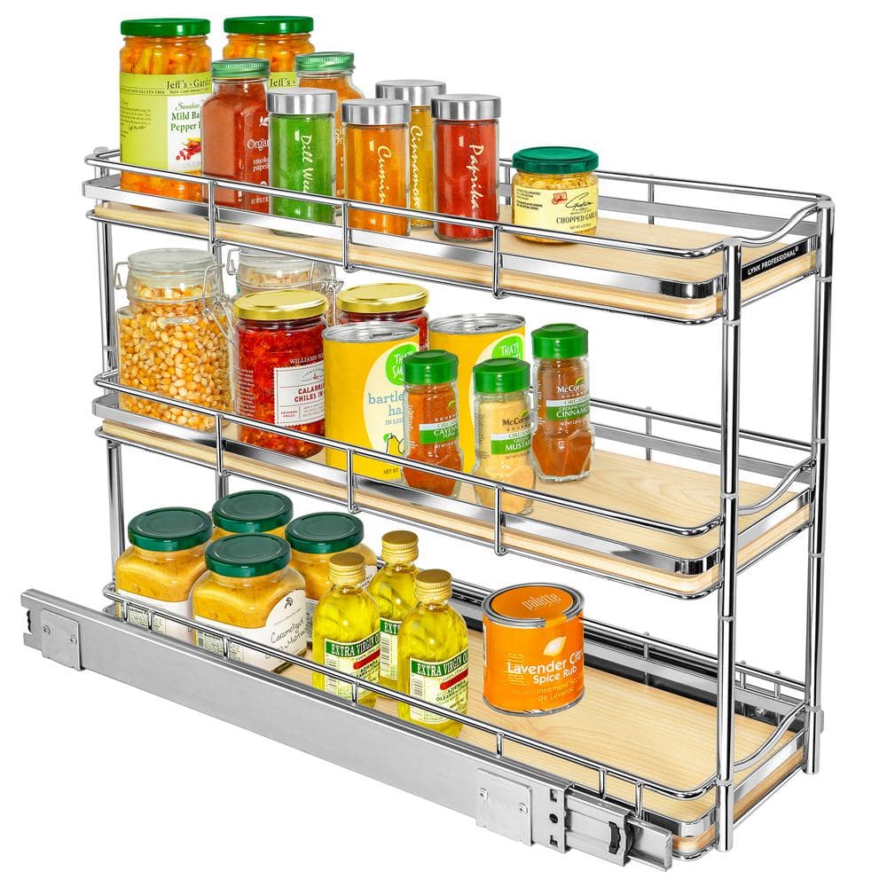 Narrow 3-Tier Wood and Chrome Pull-Out Spice Rack