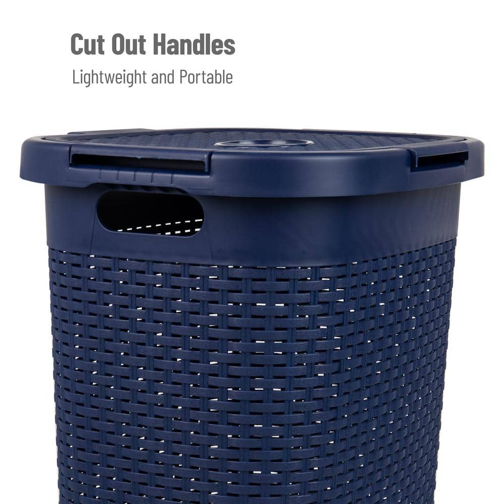 Navy Wicker Design Rectangular Plastic Laundry Hamper with Lid