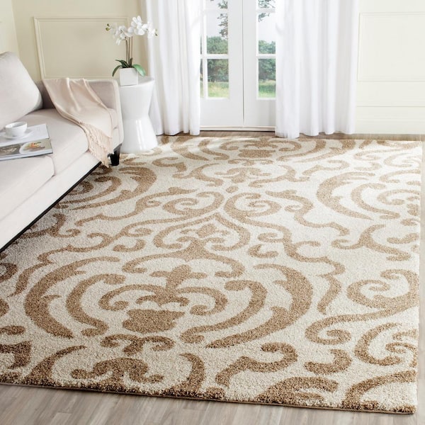 Florida Shag Cream/Beige 9 ft. x 12 ft. Floral Damask Area Rug