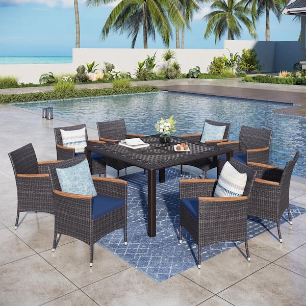 PHI VILLA 9-Piece Cast Aluminum Patio Outdoor Dining Set with Square Table and Wooden Armrest Rattan Chairs with Blue Cushion