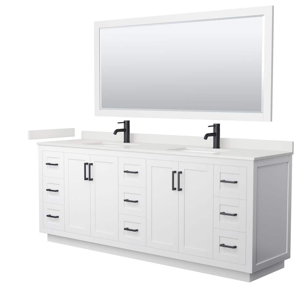 Wyndham Collection Miranda 84 in. W x 22 in. D x 33.75 in. H Double Bath Vanity in White with White Quartz Top and 70"" Mirror, White with Matte Black Trim -  840193358713