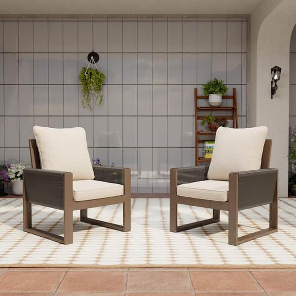INMITOM Outdoor Patio Wooden Lounge Chair with Beige Cushions and Square Frame (2-Pack)