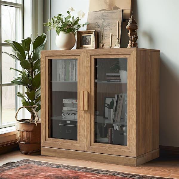 Dovelina Natural Color Wooden 31 in. H Storage Cabinet with Glass Door Accent Cabinet