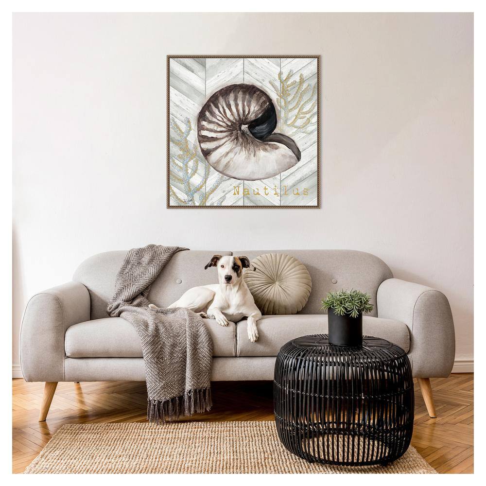 Gray Gold Chevron Nautilus Shell Canvas Wall Art with Bronze Frame