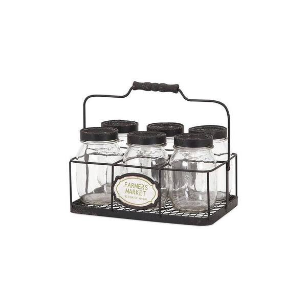 Generic unbranded Glass Canning Jars with Black Lids and Black Carrier (7-Piece)