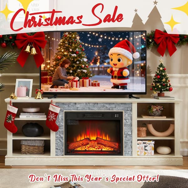 70 in. W Freestanding Wooden with Faux Stacked Stone Surround Large Electric Fireplace TV Stand in White