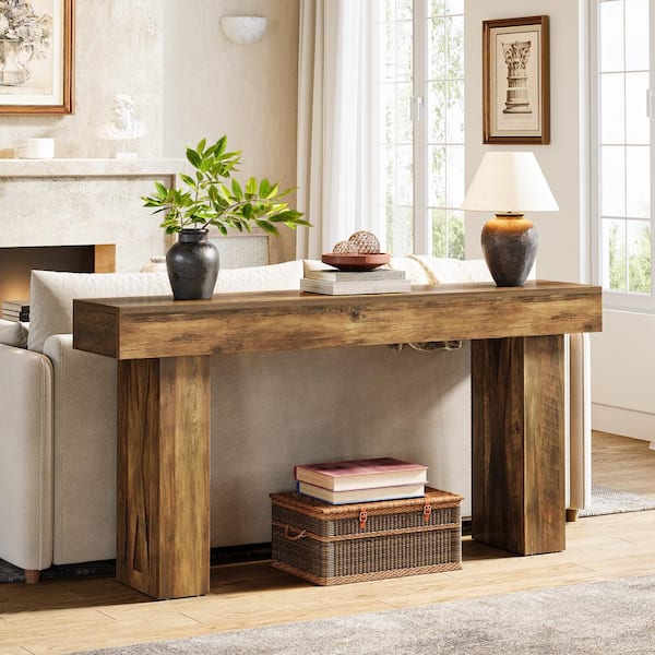 BYBLIGHT Turrella 62.99 in. Brown Farmhouse Console Table, Rectangle Wood Console Table Behind Couch Table for Living Room