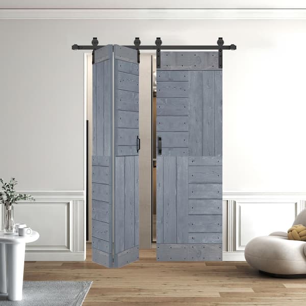 ISLIFE S Style 48in.x84in.(12''X84''X4panels) Dark Gray Solid Wood Bi-Fold Barn Door With Hardware Kit -Assembly Needed