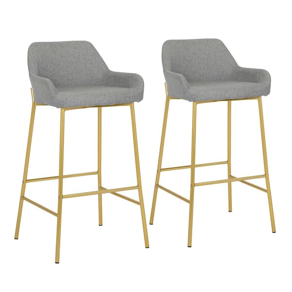 Lumisource Daniella 38 in. Fixed Height Grey Fabric and Gold Steel Bar Stool (Set of 2)