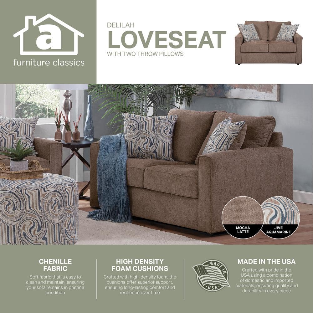 Latte Brown Chenille Fabric Loveseat with Track Arms and Throw Pillows