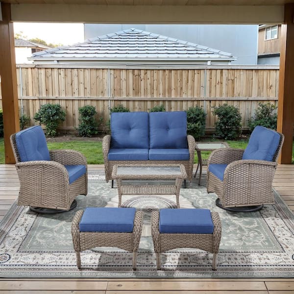 PlainCurve 7-Piece Gray Wicker Patio Conversation Set with Glider Loveseat and Olefin Navy Blue Cushions