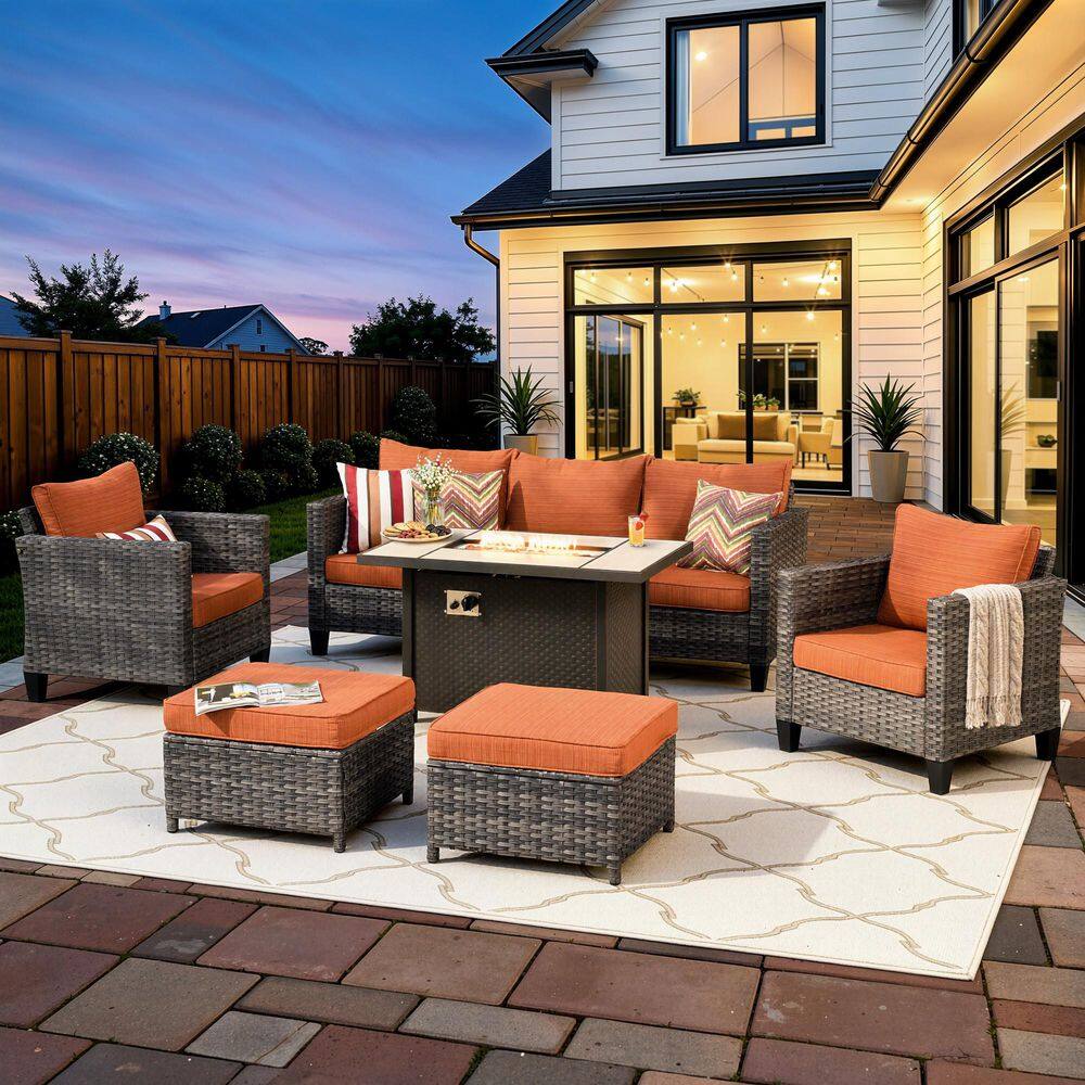 New Vultros Gray 6-Piece Wicker Patio Rectangle Fire Pit Conversation Set with Orange Red Cushions price history on PriceWatchPro