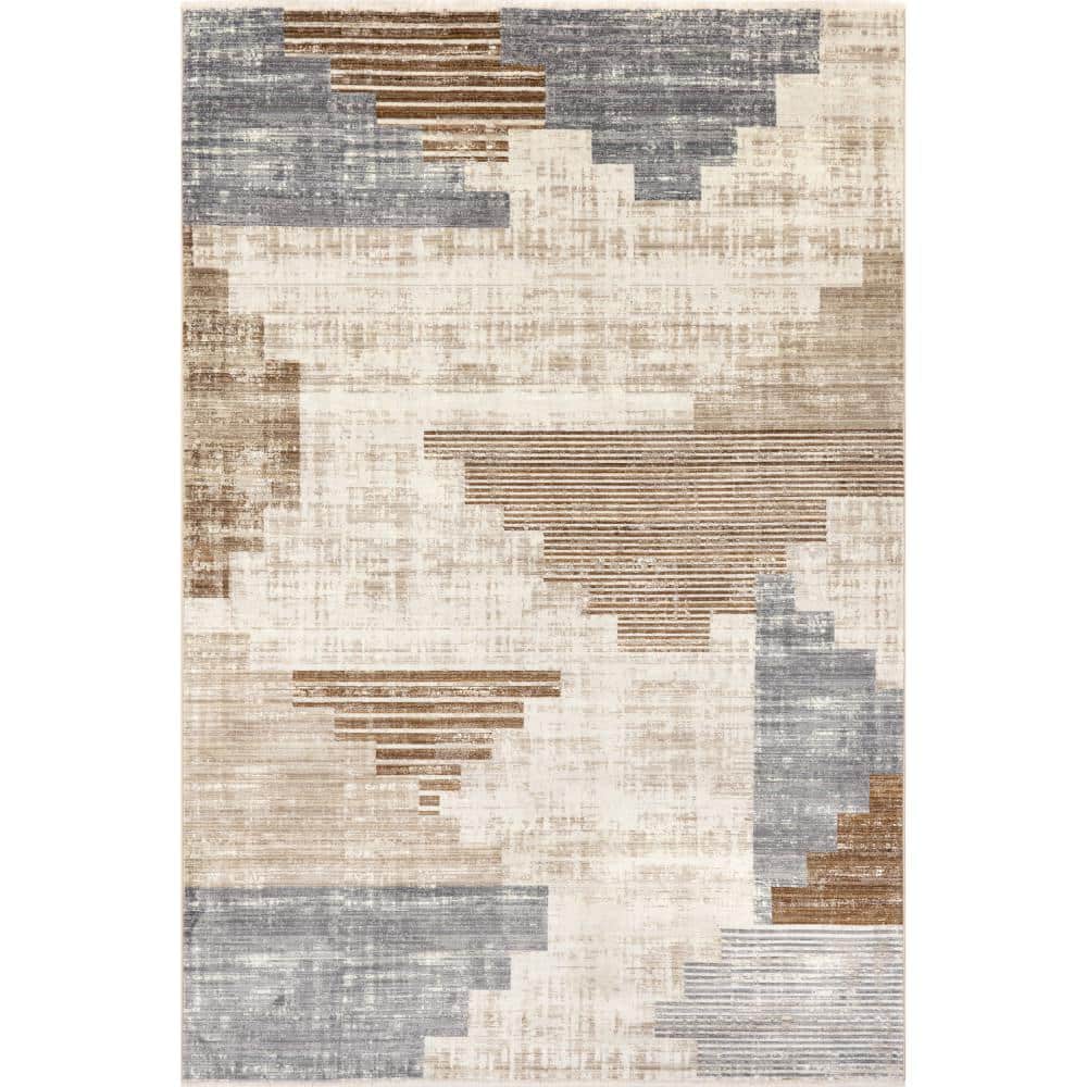 Beige and Gray Synthetic Southwestern Fringe 8' x 10' Area Rug