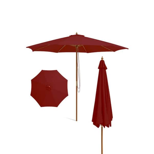 10 ft. Wood Market Patio Umbrella in Wine with Rope Pulley Lift, 8-Bamboo Ribs, 3-Adjustable Heights Poolside Umbrella