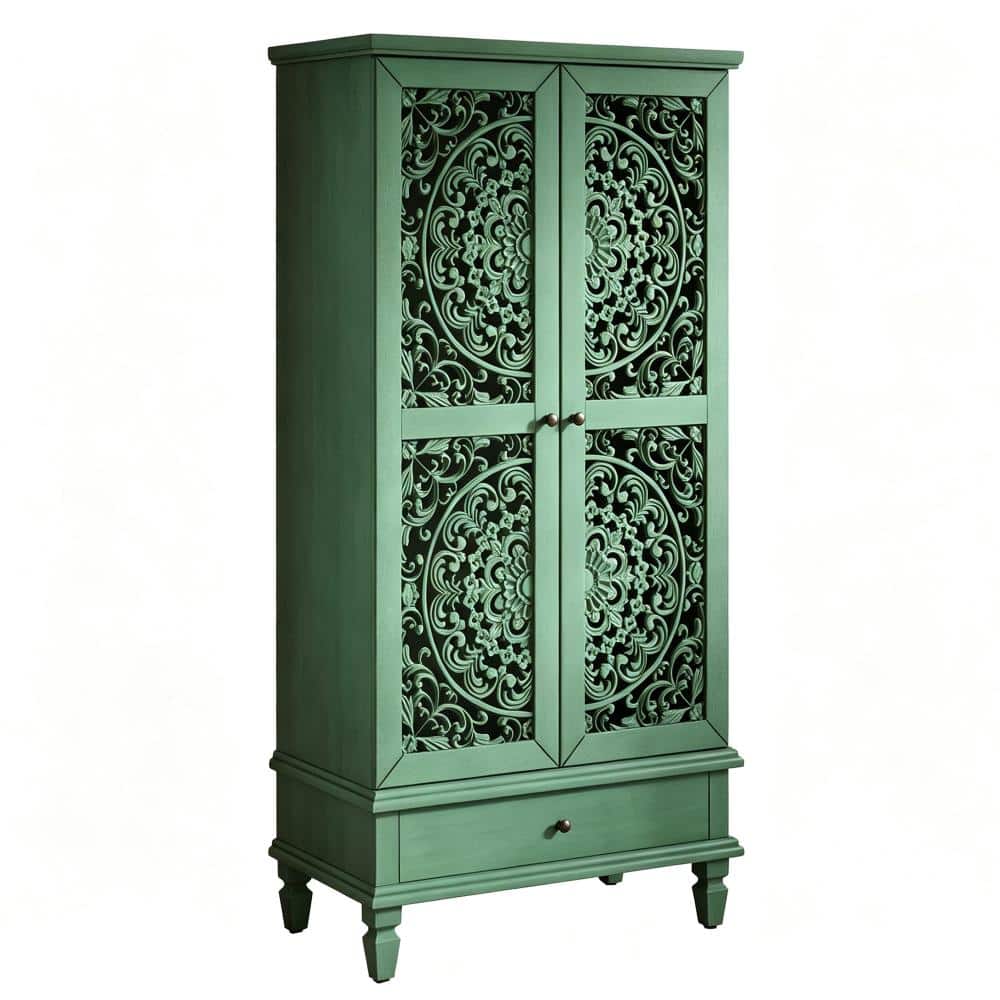 Avex Antique Green 55 in. H Decorative Accent Storage Cabinet with Drawer and 2 Carved Doors