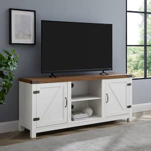 Barnwood Collection 58 in. Brushed White with Rustic Oak Top 2-Door TV Stand Fits TVs up to 65 in. with Adjustable Shelf