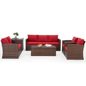 Brown 6-Piece Wicker Patio Conversation Set with 2 Storage Boxes and Red Cushions