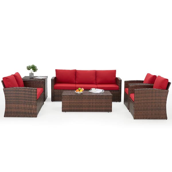 AECOJOY Brown 6-Piece Wicker Patio Conversation Set with 2 Storage Boxes and Red Cushions