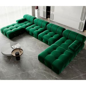 139 in. Square Arm 6-Piece Velvet U-Shaped Sectional Sofa in Green