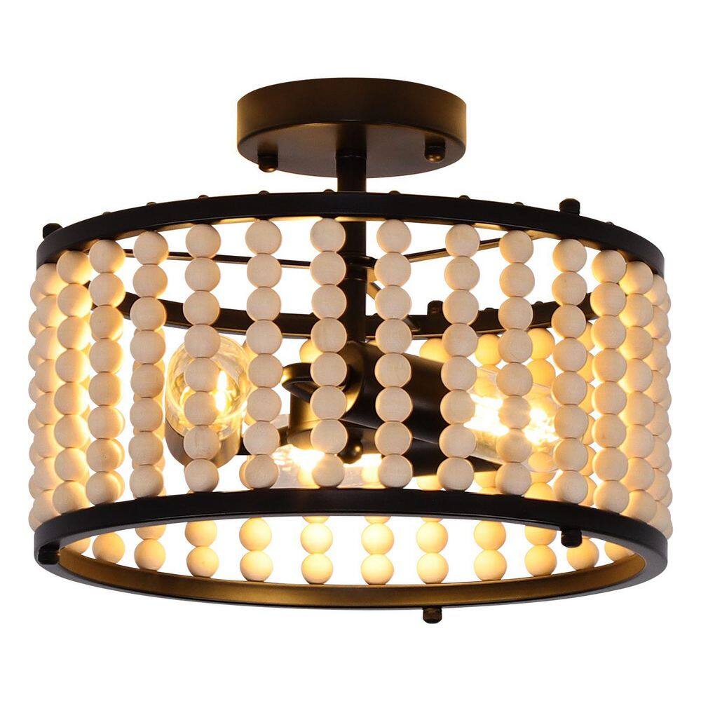 EDISLIVE Estera 12.6 in. 3-Light Black Wooden Beaded Semi Flush Mount ...