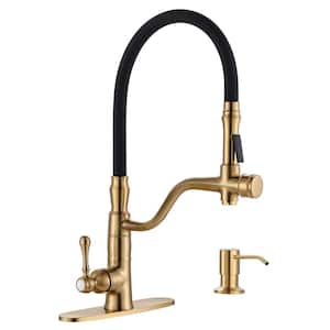 Brass Single Handle High-Arc Pull Down Sprayer Kitchen Faucet with Soap Dispenser in Gold