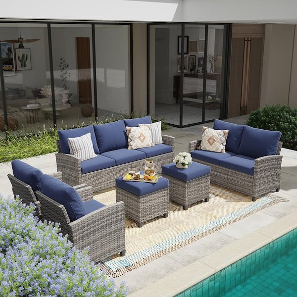 JUSKYS 6-Pieces Patio Furniture Set Gray Wicker Outdoor Sofa Couch with Love-seat,Ottomans and Navy Cushions