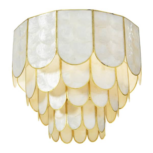 Storied Home 14 in. Round 4-Tier Capiz and Matte Gold Metal Flush Mount Ceiling Light