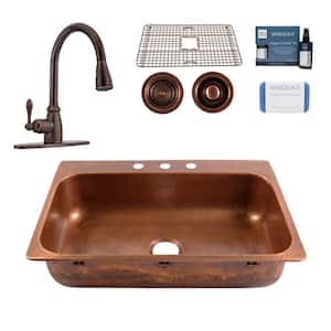 Angelico 33 in. 3-Hole Drop-in Single Bowl 17 Gauge Antique Copper Kitchen Sink with Canton Faucet Kit