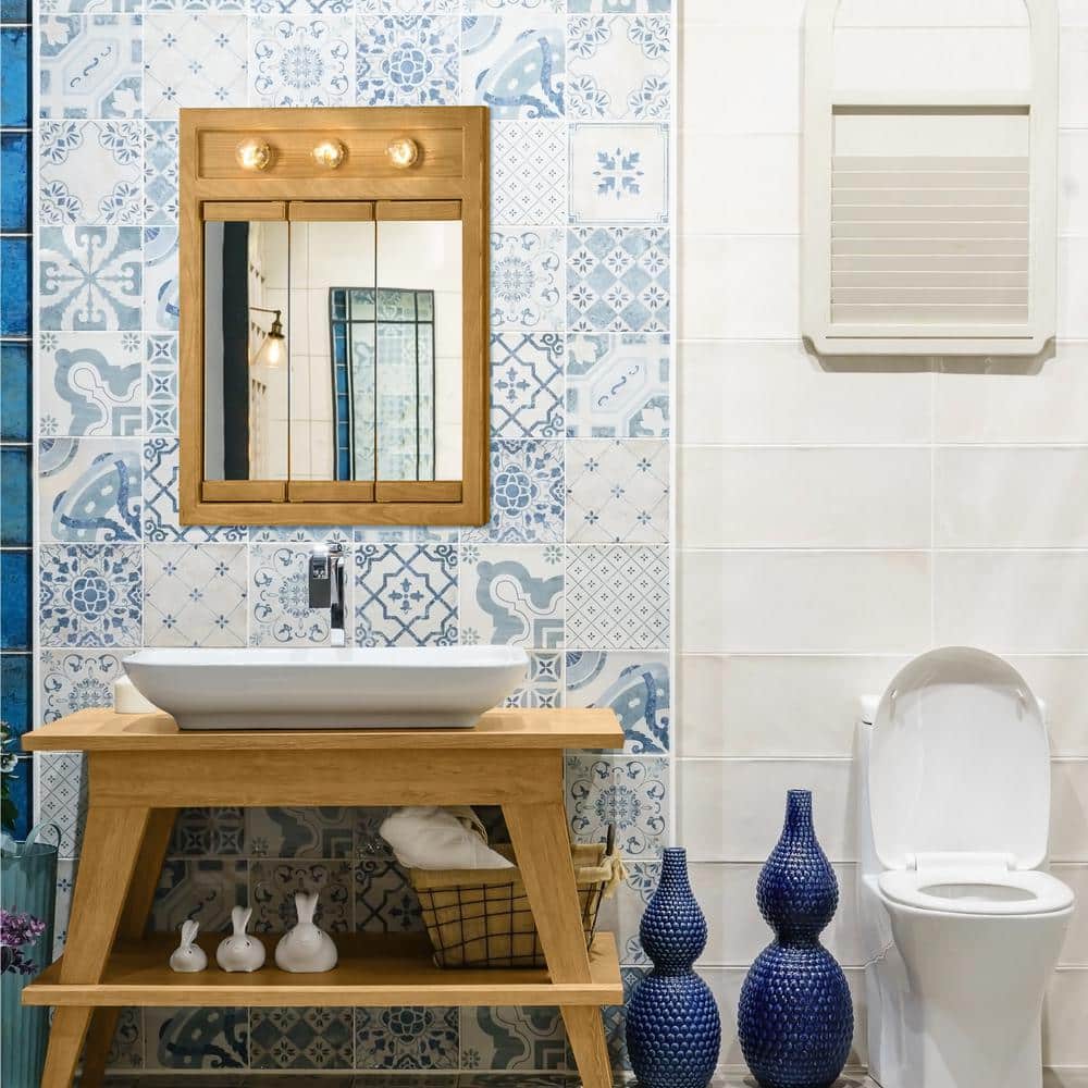 Nutmeg Oak Tri-View 24" Lighted Medicine Cabinet with Mirrored Doors