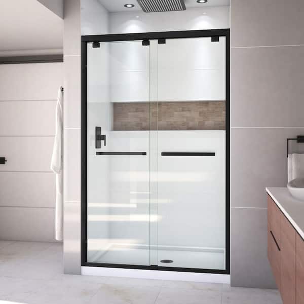 DreamLine Encore 34 in. D x 48 in. W x 78.75 in. H Semi-Frameless Sliding Shower Door in Matte Black with Center Drain White Base