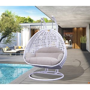 2-Person White Wicker Patio Swing with Beige Cushion