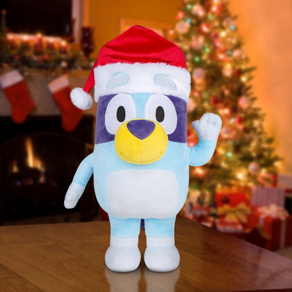 Blue and White Plush Dog Holiday Greeter with Santa Hat