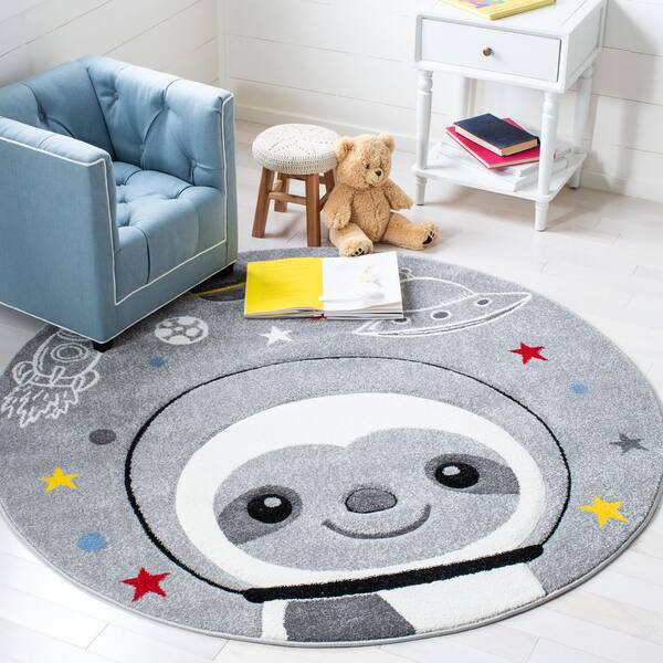 Carousel Kids 4 ft. x 4 ft. Gray/Ivory Novelty Round Rug