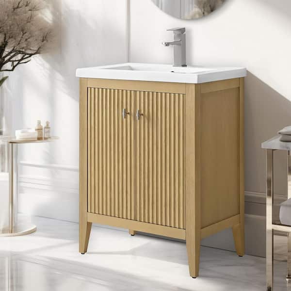 24 in. W x 18.5 in D x 34 in. H Single Sink Bath Vanity Cabinet in Linear Natural Oak with Ceramic Top