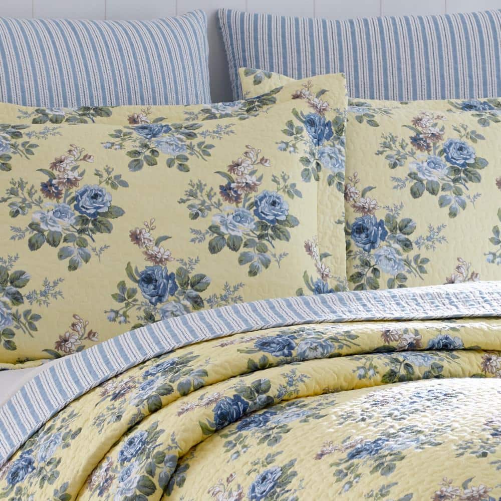 Linley Blue Floral Reversible Cotton Full Quilt Set