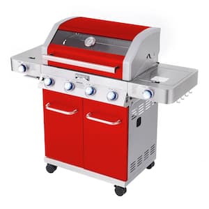 4-Burner Propane Gas Grill in Red with Clear View Lid, LED Controls, Side and Sear Burners
