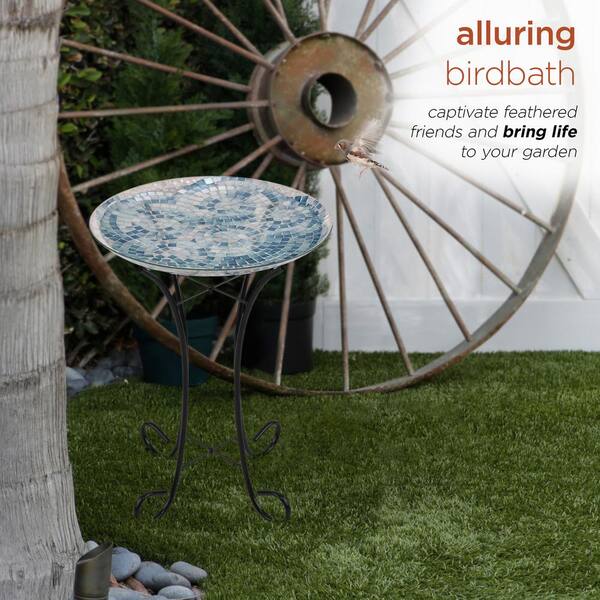 Alpine Corporation - 24 in. Tall Outdoor Mosaic Style Glass Birdbath Bowl with Metal Stand, Blue