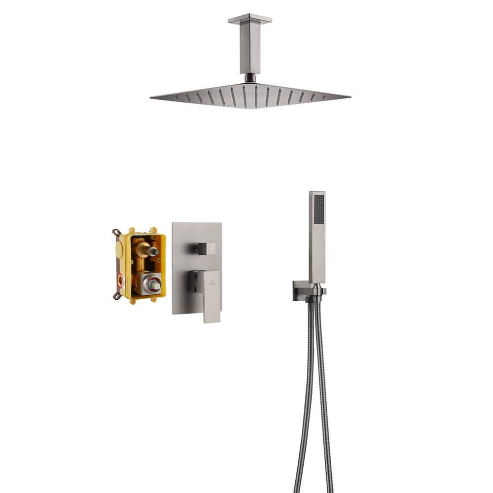 Brushed Nickel Dual Ceiling Mount Rain Shower System with Handheld