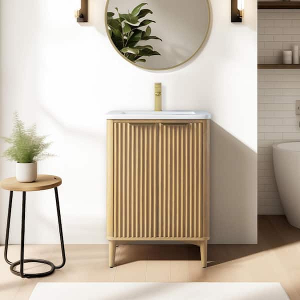 Levin 24 in. W x 22 in. D x 35 in. H Single Sink Freestanding Bath Vanity in Sunlit Oak with Engineered Stone Top