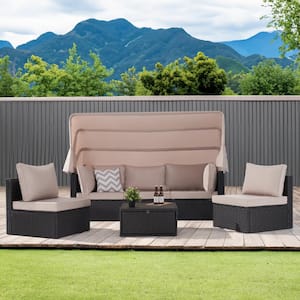 4-Piece Patio Wicker Daybed Set with Retractable Canopy and Versatile Coffee Table