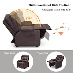 Brown Faux Leather Upholstery Kids Recliner w/Cup Holders & Side Pockets