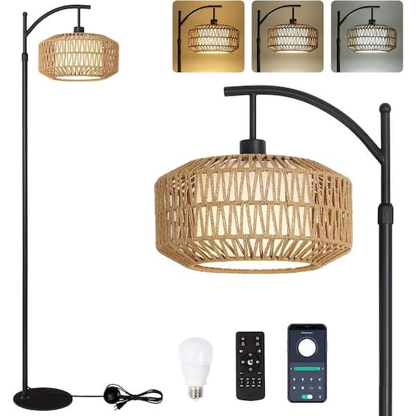 Lasaideal 65 in. Black Boho Dimmable 1-Light Arc Floor Lamp with Rattan and Fabric Drum Shade, Remote, APP, Foot Switch