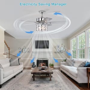 52 in. Smart Indoor/Outdoor Chrome Ceiling Fan with Remote Control and 5 Blades Crystal Chandelier Reversible Motor Fan