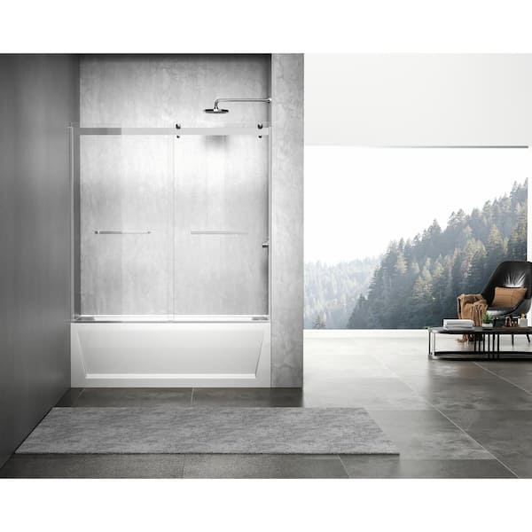 Unbranded Simply Living 60 in. W x 60 in. H Frameless Sliding Tub Door in Brushed Nickel with Clear Glass