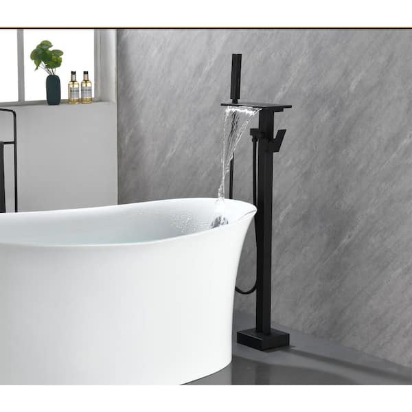 2-Handle Floor Mount Claw Foot Tub Faucet with Waterfall Spout and 2-Function Handheld Shower in Matte Black