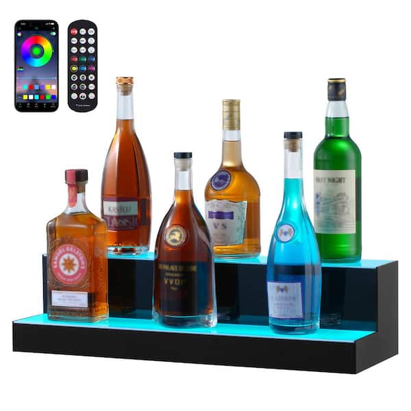 LED Lighted Liquor Bottle Display, 2 Tiers 24 In. for Home bar, 2 Steps Whiskey Rack Stand