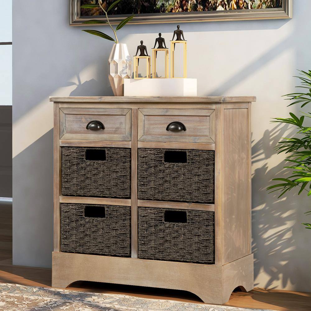 White Washed Rustic Pine Accent Cabinet with Wicker Baskets
