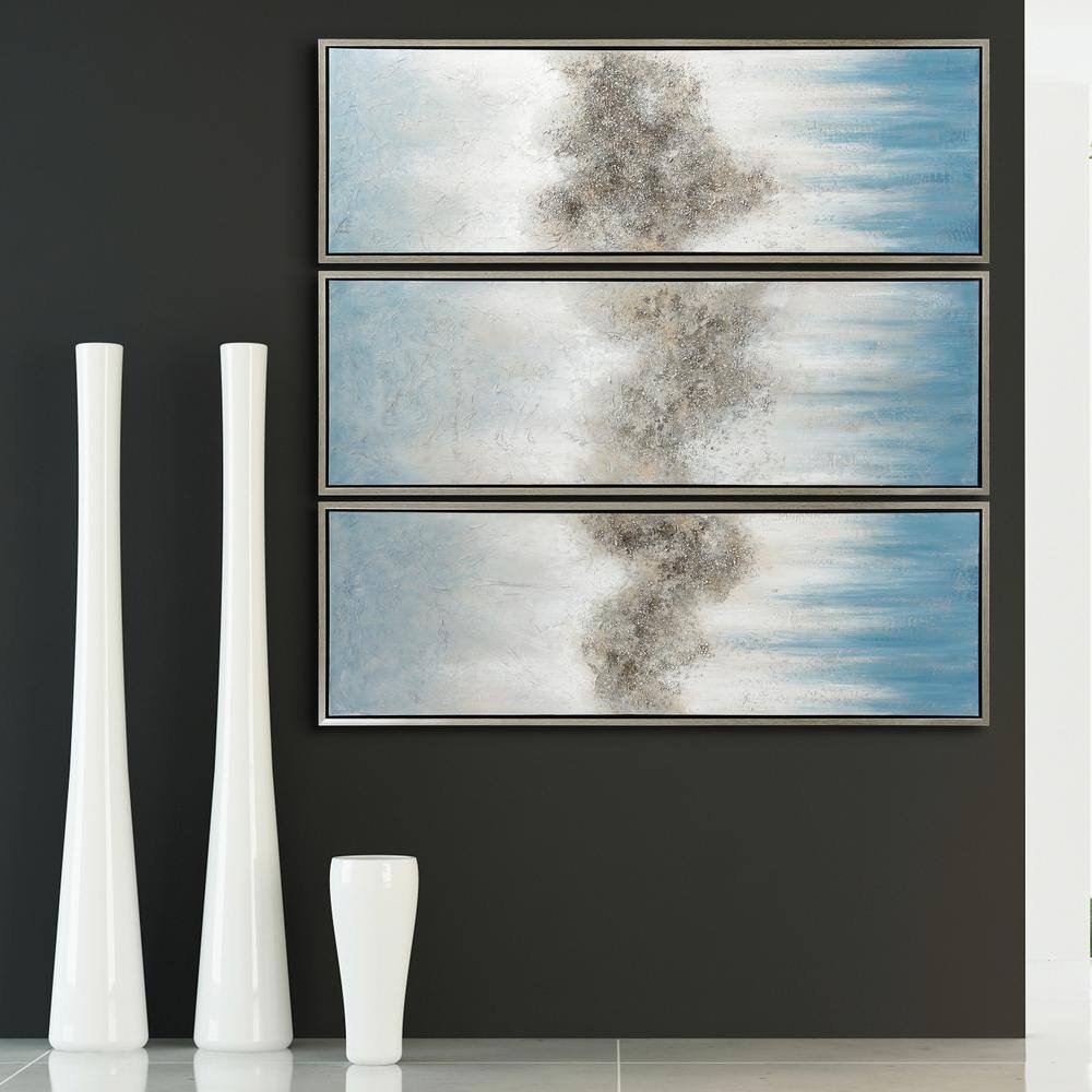 Sequence Blue and Silver Abstract Triptych Canvas Painting