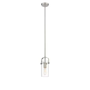 Pilaster II Cylinder 100-Watt 1 Light Satin Nickel Shaded Pendant Light with Clear glass Clear Glass Shade