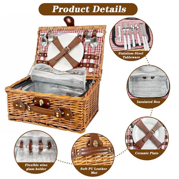 Numhew Natural Wicker 1-Piece Picnic Basket Set with Insulated